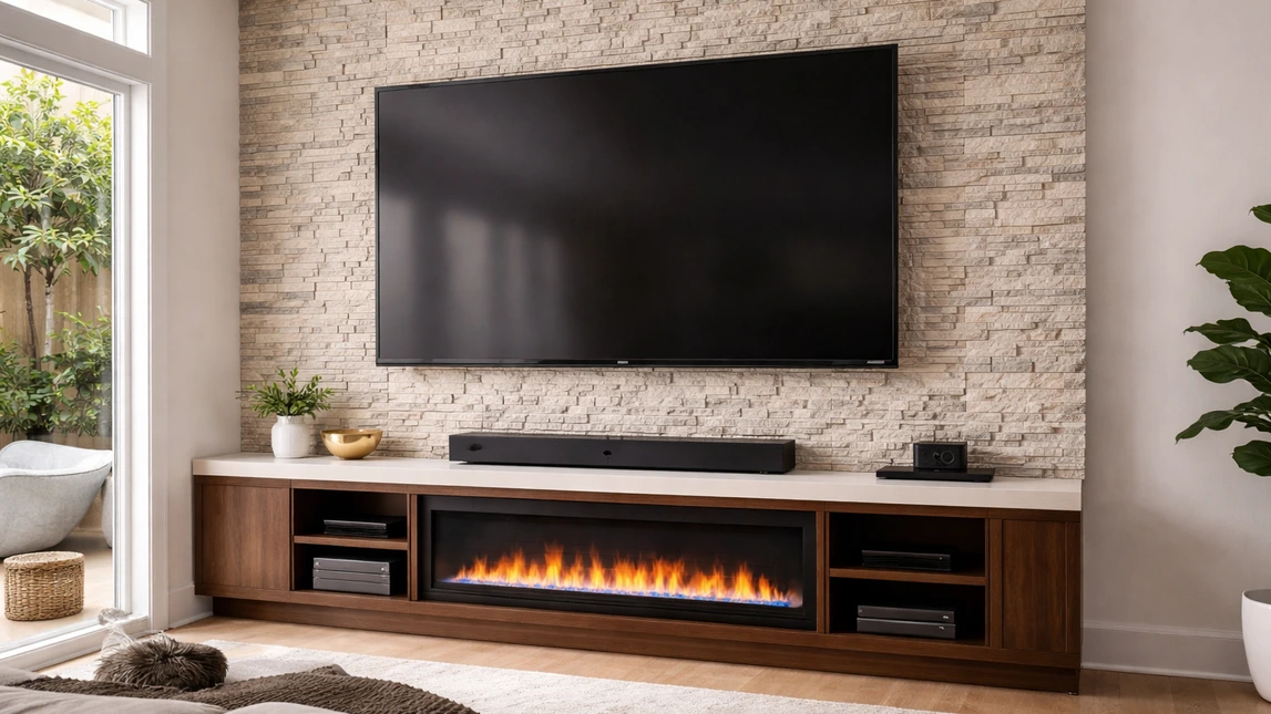 Tv Wall Mounting Stone Tile Millwork Focal Wall